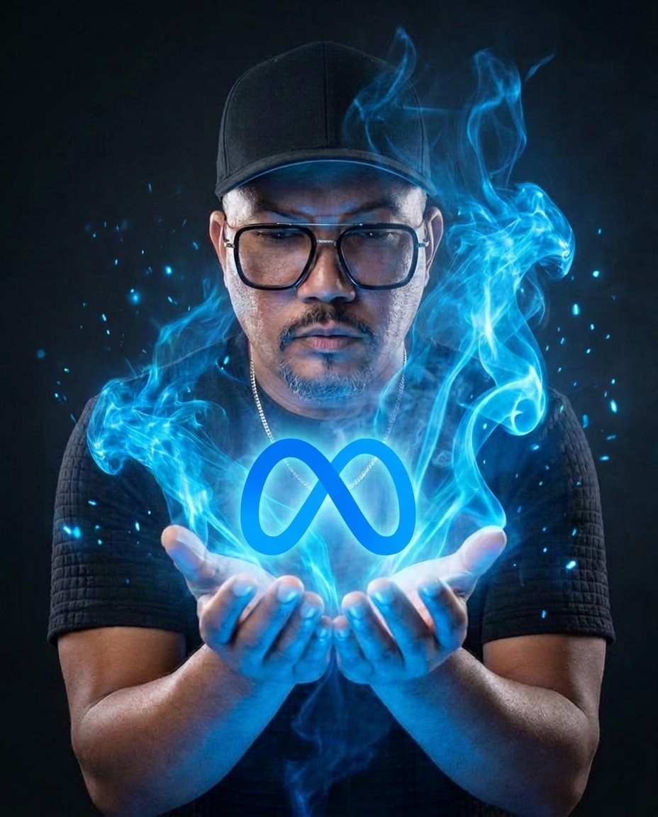 David Medina sosteniendo el logo de Meta entre humo azul luminoso — Mastermind AI en vivo